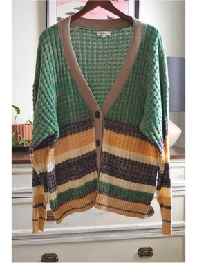 eesome Green & Yellow Striped Button-Front Cardigan
